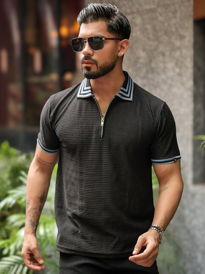 Maniac Mens textured half zipper polo neck half sleeve black and light grey cotton polo t-shirt - Image 1